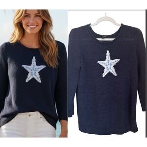 Talbots Womens Size S Sweater Blue Starfish Cotton Blend Roll Neck Coastal Beach